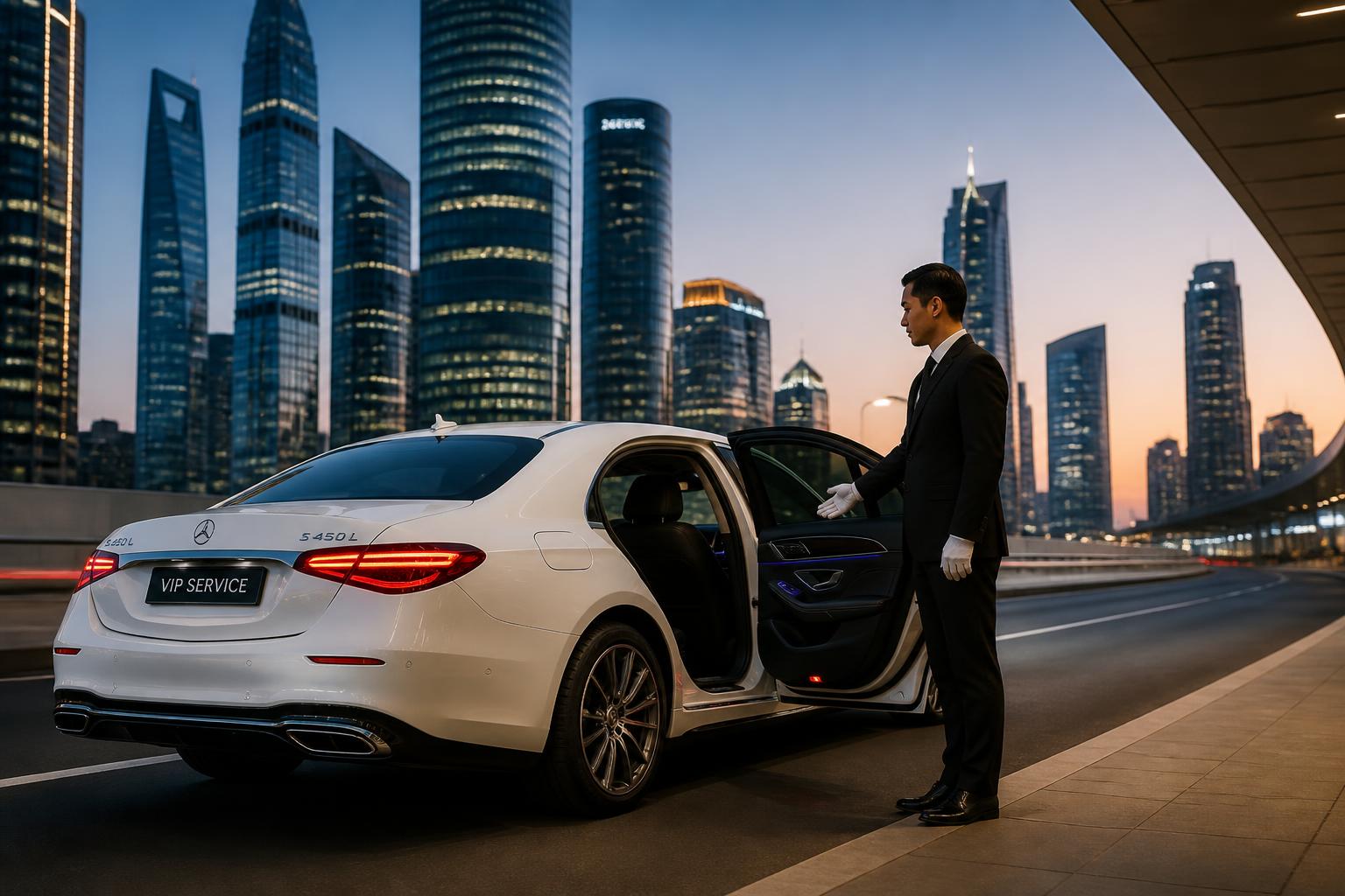 Chauffeur in a black suit opening the rear door of a white luxury sedan against a city skyline at dusk